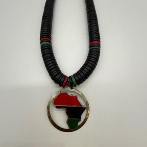 Africa Pendant Necklace Red Black Green Wood Beaded Statement Fashion Jewelry